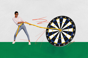 Creative drawing collage picture of funny female darts board target pulling rope string office...