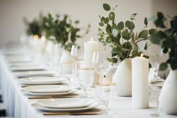 Minimalist white and green tablescape with eucalyptus in vase and candles