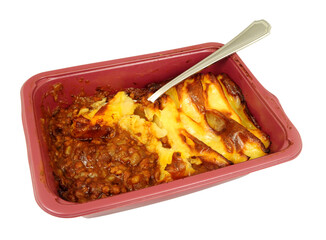 Cheap cottage pie convenience ready meal with minced beef and topped with mashed potato in a plastic tray