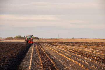 The tractor is working in the field, preparing the soil in the fall after harvesting the corn