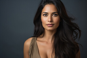 Naklejka premium Portrait of a beautiful brunette latin woman on a dark background.