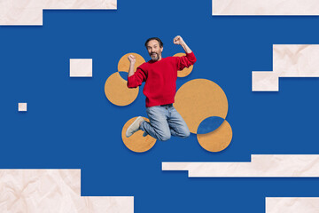 Creative drawing collage picture of jumping funny mature man celebrate winning luck career have fun...