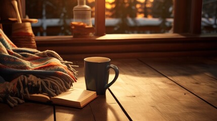 Socks a book and a cup of hot cocoa on a wooden floor AI generated illustration