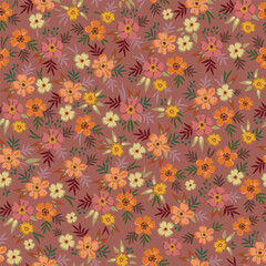 Colorful large-scale floral vector seamless pattern, hand-drawn. Nostalgic fashion textiles in retro style with burgundy, yellow and orange flowers on a red background.