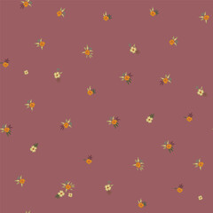 Colorful large-scale floral vector seamless pattern, hand-drawn. Nostalgic fashion textiles in retro style with burgundy, yellow and orange flowers on a light background.