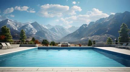 Swimming pool with mountains in the background - obrazy, fototapety, plakaty