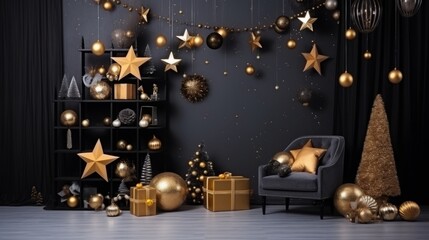 Festive Christmas or New Year photo studio background: dark black stylish walls, golden christmas ornaments, photo frame, a reindeer statue decoration, stars and sparkles