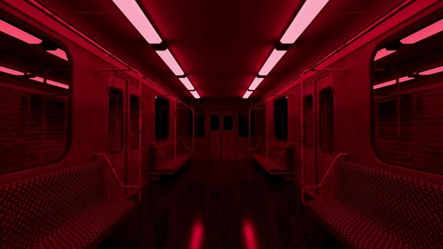 Moving slowly down the center of an old abandoned subway train with creepy red lights flickering overhead.