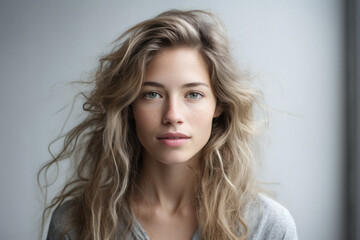 Naklejka premium Portrait of a beautiful young blonde woman with long blond curly hair.