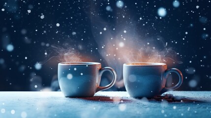 Obraz premium Steaming mugs of tea on a table while its snowing outside AI generated illustration