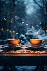 Steaming mugs of tea on a table while its snowing outside AI generated illustration
