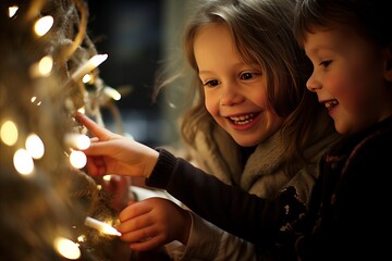 smiling little caucasian children excited to decorate Christmas tree together.