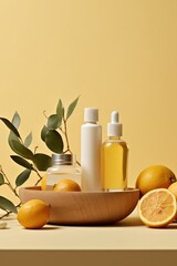 Mockups cosmetic products for skin and hair care with lemon extract. Natural cosmetics.