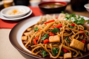 Chinese food, Stir-fried pork in sweet and sour sauce with rice. Chicken noodle soup. Generative AI