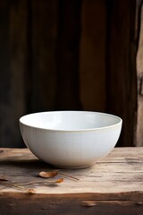 Unadorned white ceramic bowl on a wooden surface AI generated illustration