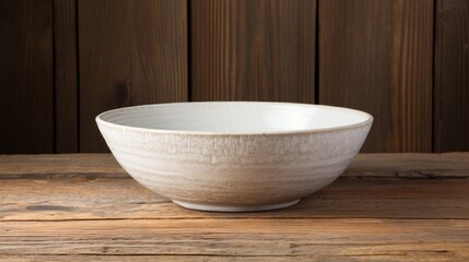 Fototapeta na wymiar Unadorned white ceramic bowl on a wooden surface AI generated illustration