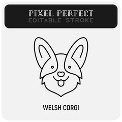 Welsh corgi head thin line icon. Dog breed. Editable stroke. Vector illustration.