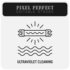 Ultraviolet cleaning of water thin line icon. Disinfection. Editable stroke. Vector illustration.