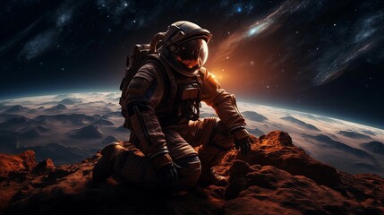 Astronaute regarde l'horizon depuis la planète mars  - obrazy, fototapety, plakaty
