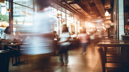 Blurred customers walking fast movement in coffee shop or cafe restaurant, light cream, Blurred restaurant background with some people and chefs and waiters working