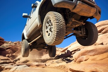 Fototapeta premium 4x4 offroad vehicle jump in the dirt desert. showing a coil spring, suspension, tires and wheel