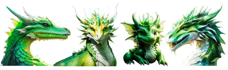 Obraz premium Set of green dragon head close up isolated on PNG background.Fantasy style.Generative AI.