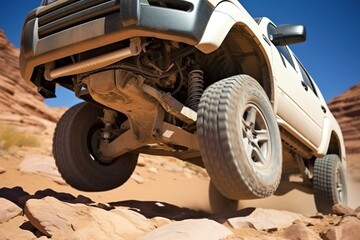Fototapeta na wymiar Extreme 4x4 off road vehicle jumping out of a desert trail off-road racing.