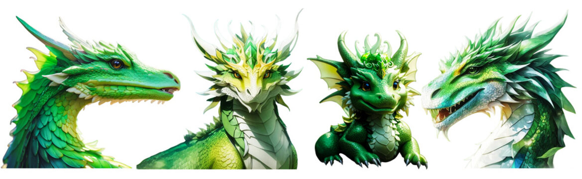 Set of green dragon head close up isolated on PNG background.Fantasy style.Generative AI.