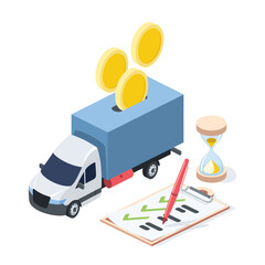 Truck coins, hourglass, contract. Vector 3d isometric, color web icons, new flat style. Creative design idea for infographics.