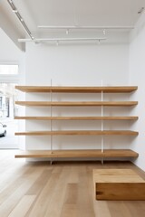 White walls with wooden shelves in an empty shop  AI generated illustration