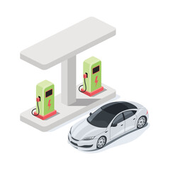 Vehicle charging station. Vector 3d isometric, color web icons, new flat style. Creative design idea for infographics.