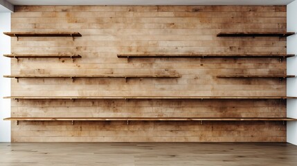 Fototapeta premium White walls with wooden shelves in an empty shop AI generated illustration