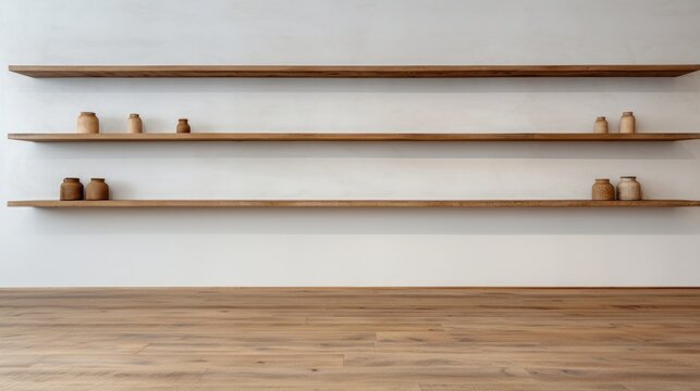 White walls with wooden shelves in an empty shop  AI generated illustration
