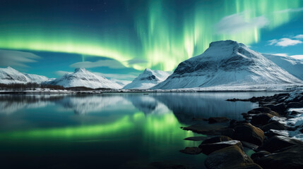 Amazing view of northen lights in Norway. Beutiful sky and reflection. Breathing mountain view in winter. AI generated image
