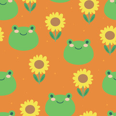 Cute seamless pattern cartoon frogs and yellow flowers. cute animal wallpaper for gift wrapping paper
