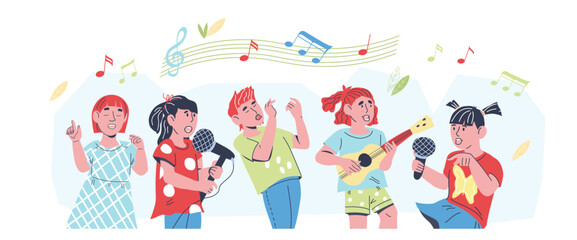 Children sing a song and play musical instruments, flat vector illustration isolated on a white background. Children music lessons, education and karaoke banner. Vocal talent show or choir classes.