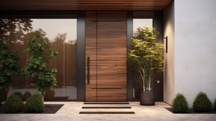 Modern entrance door by wooden, which makes the house really elegant and homely right from the start. Generative AI Technology 