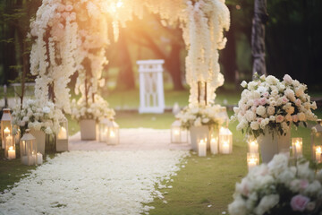 Beautiful romantic elegant wedding decor for a luxury dinner. Bokeh Flower setting for wedding ceremony in beautiful garden