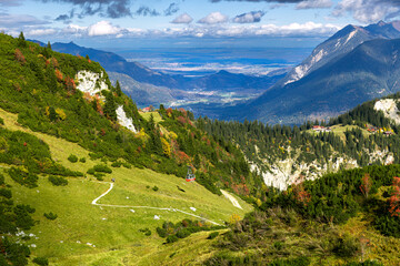 The Alpine panoramic view from the Hochalmweg hiking trail in the Alps, Garmisch-Partnekirchen, Bavaria, Germany  