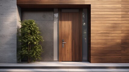 Modern entrance door by wooden, which makes the house really elegant and homely right from the start. Generative AI Technology 