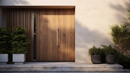 Modern entrance door by wooden, which makes the house really elegant and homely right from the start. Generative AI Technology 