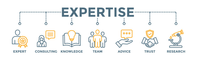 Expertise banner web icon vector illustration concept representing high-level knowledge and experience with an icon of expert, consulting, knowledge, team, advice, trust, and research