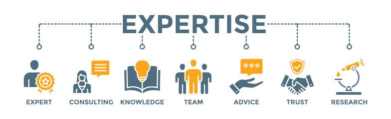 Expertise banner web icon vector illustration concept representing high-level knowledge and experience with an icon of expert, consulting, knowledge, team, advice, trust, and research