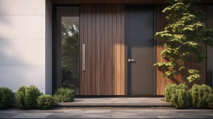 Modern entrance door by wooden, which makes the house really elegant and homely right from the start. Generative AI Technology 