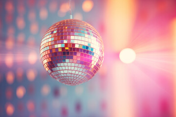 Obraz premium Shyny pastel disco ball with pastel lights in background. Party concept.