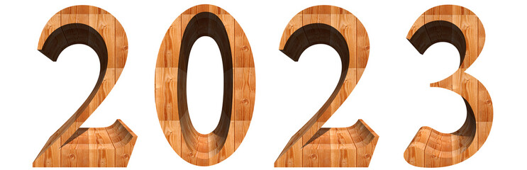 Conceptual 2023 year made of wooden brown timber  font isolated on white background. An abstract 3D illustration as a  metaphor for future, vision, real estate, prosperity or business growth - obrazy, fototapety, plakaty