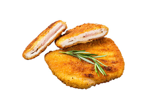 Schnitzel Cordon bleu fillet cutlet with ham and cheese.  Transparent background. Isolated.