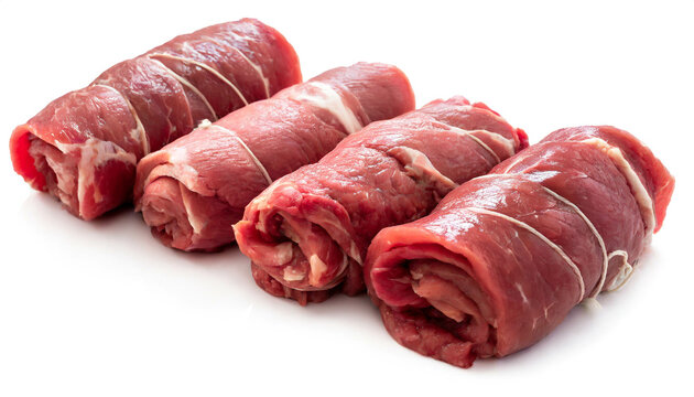 Raw beef roulades isolated on white background, cut out