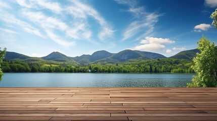 Empty wooden bridge or pier with the lake mountain and sky landscape. Wood floor with lake mountain and sky of nature park background and summer season