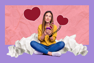 Creative template graphics collage image of addicted lady locking positive social networks notifications isolated colorful background - Powered by Adobe